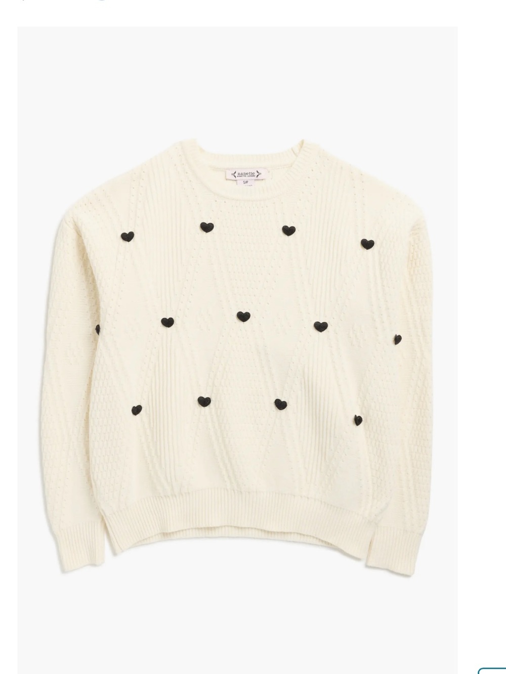 Nanette Lepore Cream Cable Knit Sweater with Black Heart Embroidery